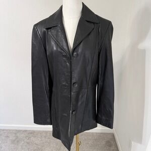 Vintage Black Genuine Leather Blazer Jacket Women's Medium Nine West Tailored